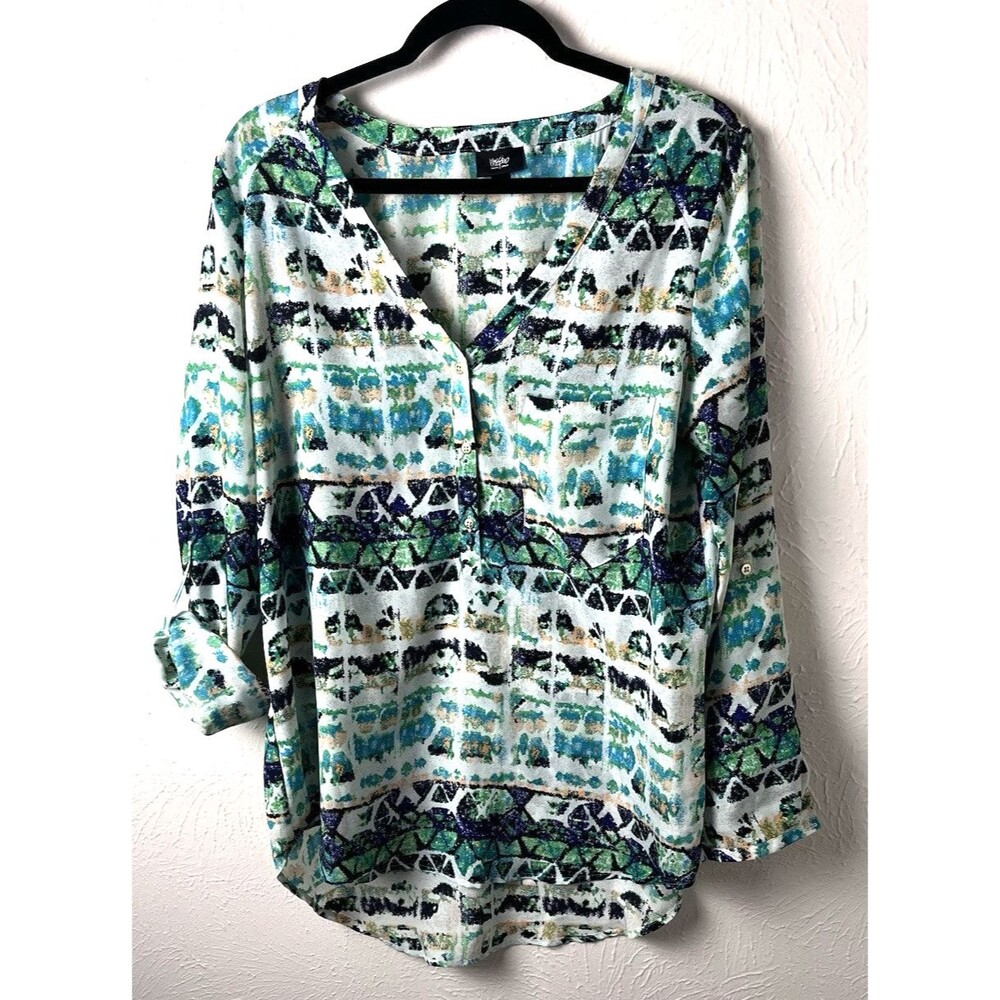 Mossimo‎ Supply Co. Abstract Artsy Henley Colorful Popover Roll-Tab Sleeve Top